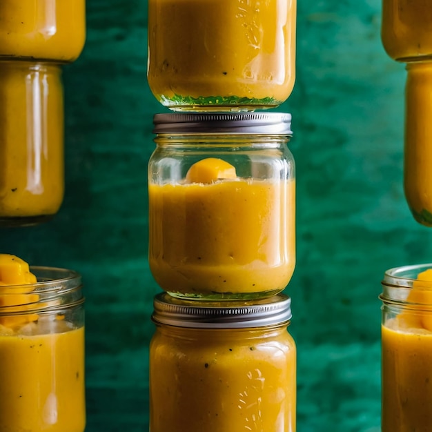 Du jus de mangue frais dans un pot en verre Mason et de la mangue sur un fond vintage