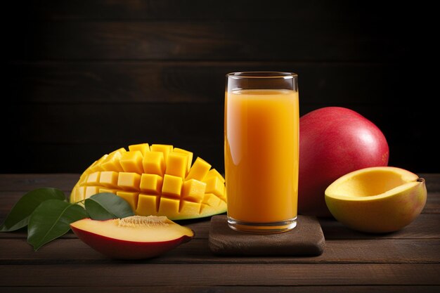 Du jus de mangue et de la mangue sur une table