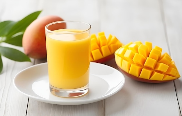 Du jus de mangue en verre et des tranches de mangue pour un petit déjeuner sain