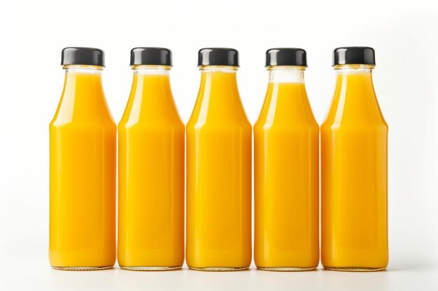 Du jus d'orange et des bouteilles vides sur fond blanc