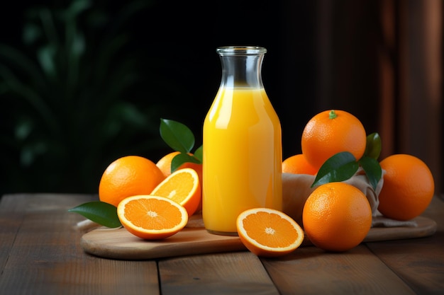 Du jus d'orange dans une bouteille et des oranges.