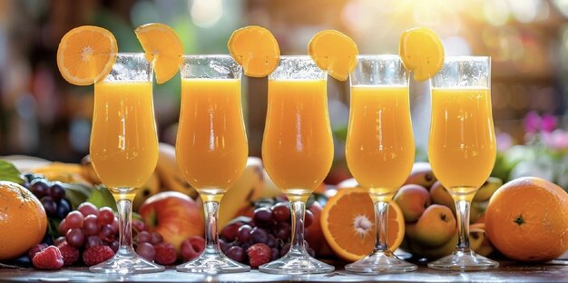 Du jus d'orange dans un verre, des fruits et des baies en arrière-plan.