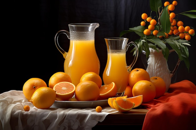 Du jus d'orange dans un verre et des fruits frais sur une table en bois.