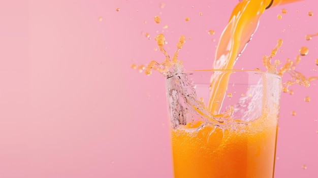 Du jus d'orange éclaboussé d'un verre sur un fond rose