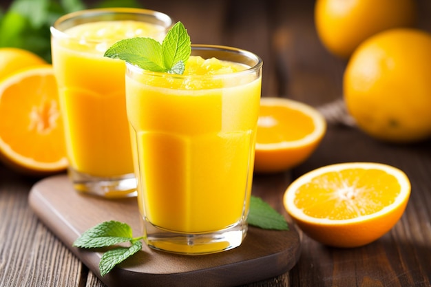Du jus d'orange frais dans le verre sur un fond sombre