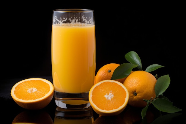 Du jus d'orange frais dans le verre sur un fond sombre