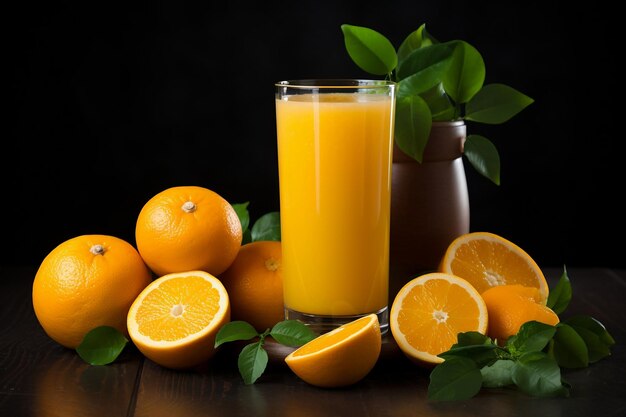 Du jus d'orange frais dans le verre sur fond de tranche