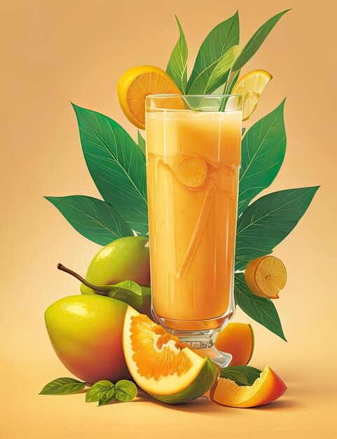 Du jus d'orange frais dans un verre avec des fruits et des feuilles sur un fond jaune