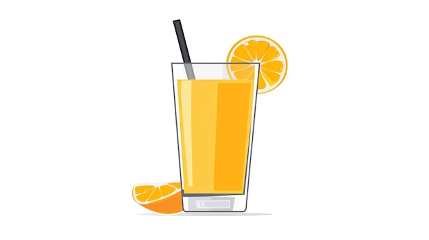 Photo du jus d'orange frais dans un verre avec une paille le verre est décoré d'une tranche d'oranger le fond est blanc