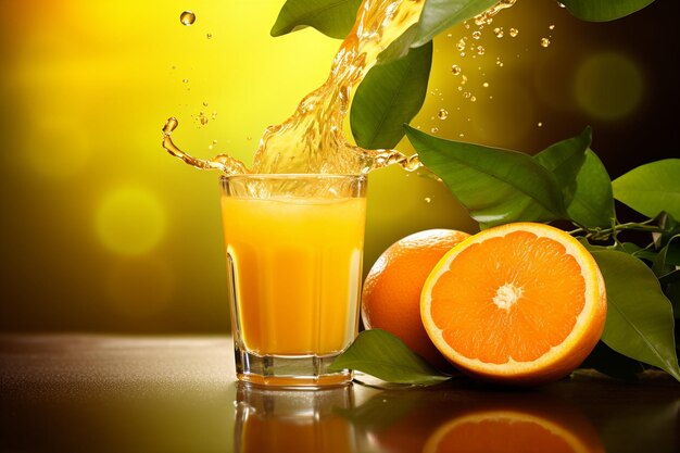 Du jus d'orange versé dans un verre et des oranges avec des feuilles