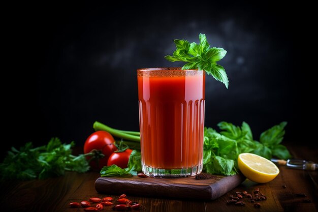 Du jus de tomate dans un verre avec des herbes