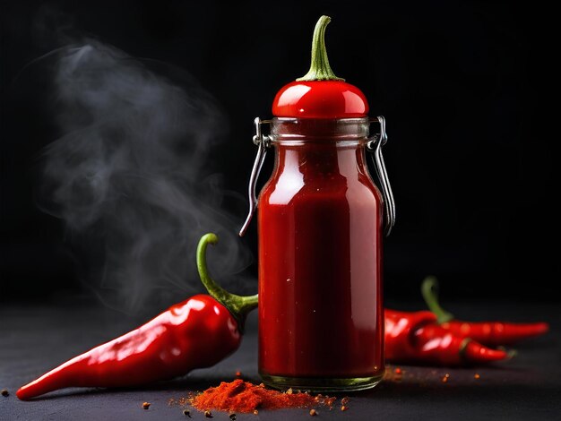 Photo du ketchup rouge chaud dans une bouteille de piment rouge chaud