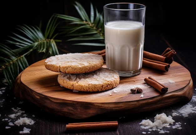 Du lait dans un verre et des biscuits sur un fond en bois