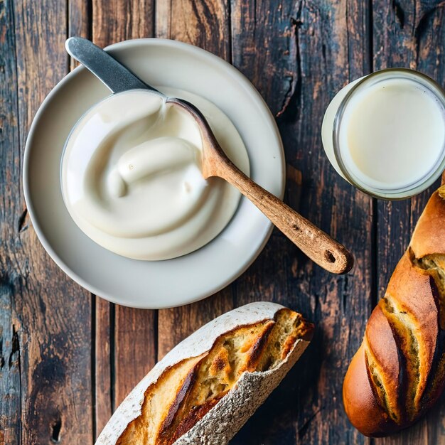 du lait de yogourt fait maison et du pain sur une table en bois