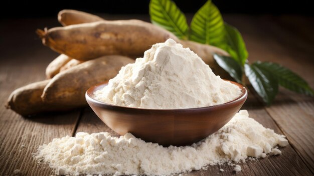 Photo du manioc sur la table et de la farine