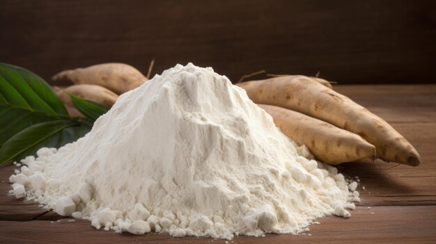 Photo du manioc sur la table et de la farine