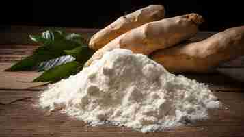 Photo du manioc sur la table et de la farine