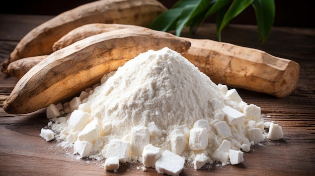 Photo du manioc sur la table et de la farine