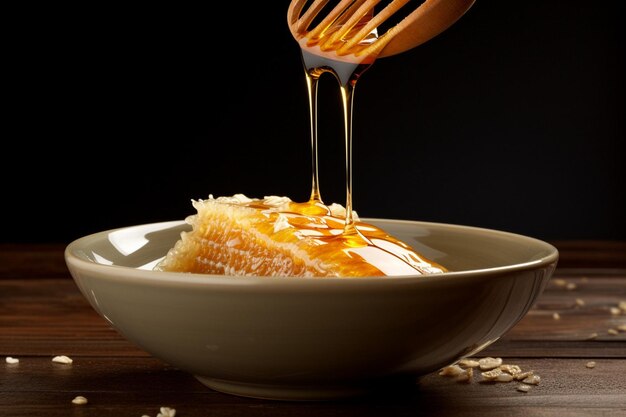 Du miel sur un bol de pudding de riz chaud