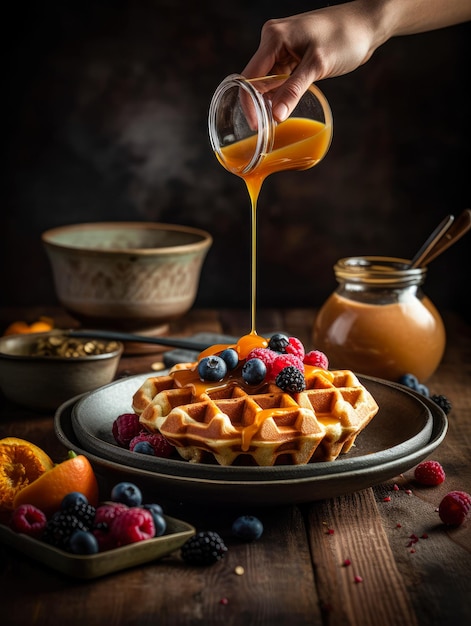 Du miel ou du caramel coulant du pot sur des gaufres fraîchement préparées avec des fraises Petit-déjeuner avec des gaufres belges Generative AI