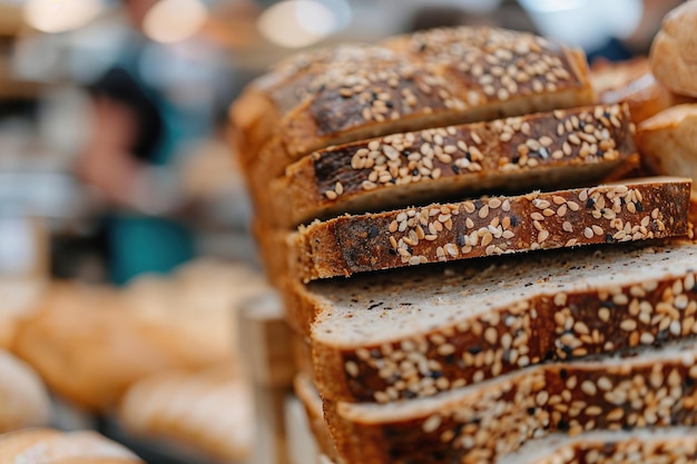 Photo du pain d'artisanat fraîchement cuit en tranches sur une planche de bois rustique