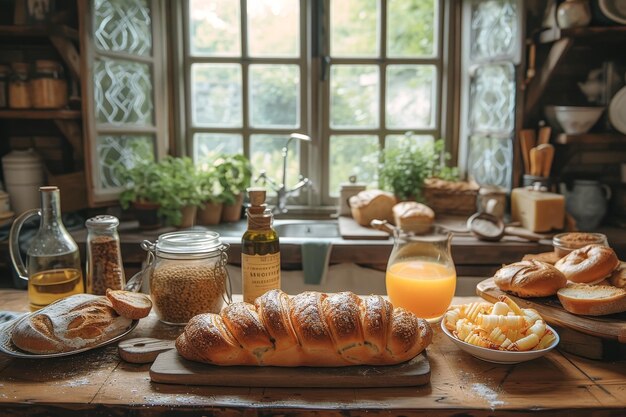 Du pain au levain fraîchement cuit et des pâtisseries sur un comptoir de cuisine rustique