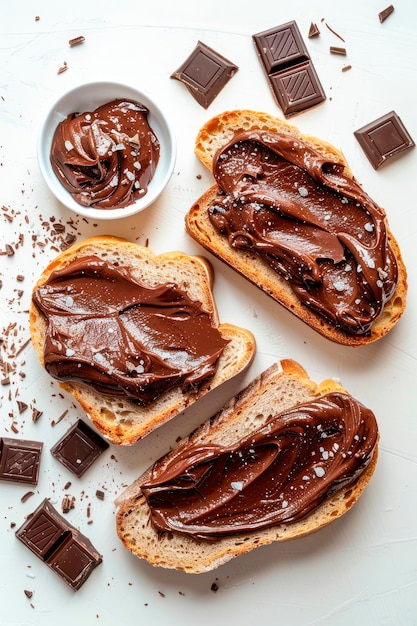 Du pain avec de la crème au chocolat sur fond blanc