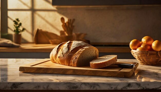 Du pain cuit sur une planche à découper sur la table de la cuisine fait maison manger sain fraîchement cuit à la boulangerie