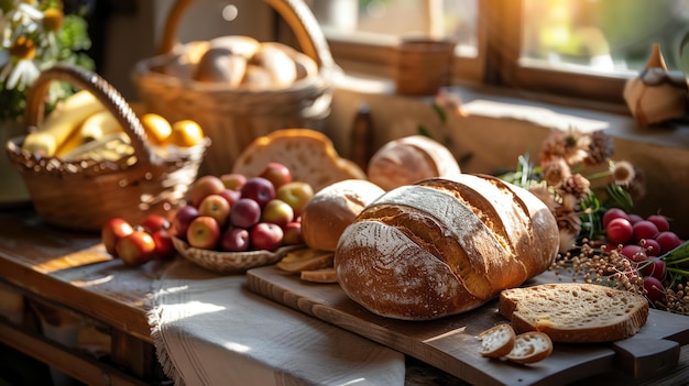 Du pain fraîchement cuit et des pommes sur une table rustique le pain est dans un panier et les pommes dans un bol