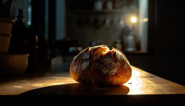 Du pain fraîchement cuit sur une table en bois rustique dans une cuisine domestique générée par l'intelligence artificielle