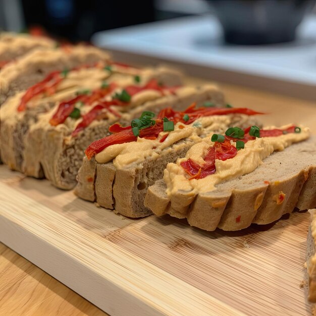 Du pain tranché avec du pâté et du paprika sur une planche à couper