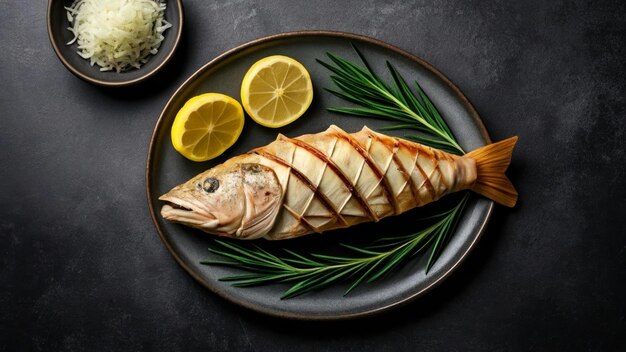 Du poisson délicieusement grillé avec du citron et des herbes prêtes à être dégustées.