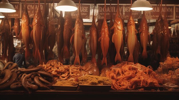 Photo du poisson et des fruits de mer sont exposés dans une vitrine d'un magasin