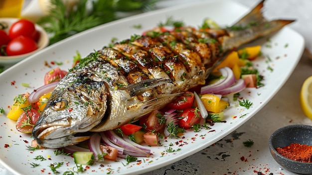 Du poisson grillé servi avec une salade de légumes garnis d'oignons et d'une pincée de sumac