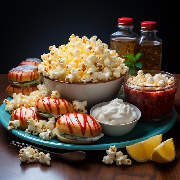 du pop-corn savoureux avec des collations et des boissons