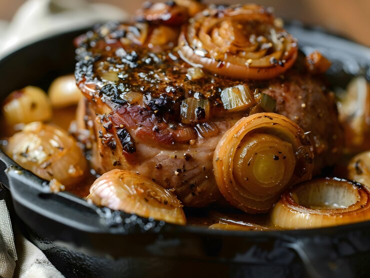 Photo du porc à la bière avec des oignons