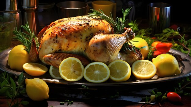 Photo du poulet rôti au citron, la peau dorée et la viande juteuse.