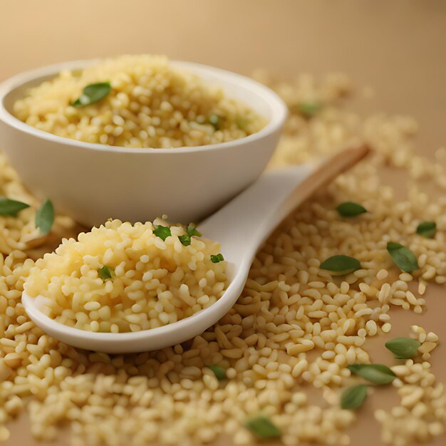 Photo du riz et d'une cuillère avec une cuillère de persil