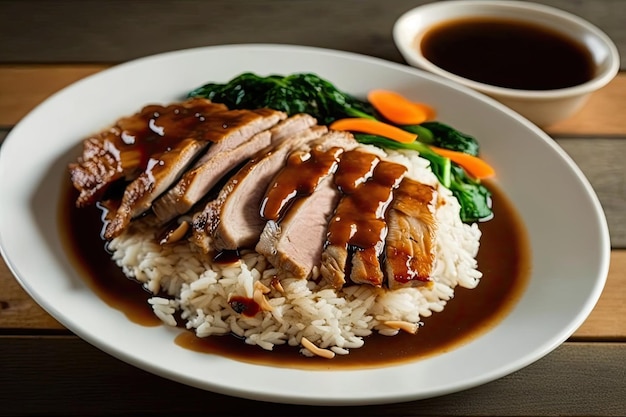 Sur du riz avec une sauce au jus de viande sucrée, du canard et du porc croustillant Generative AI