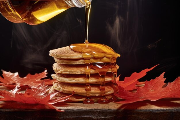 Du sirop d'érable arrosé sur une pile de crêpes créées avec une IA générative