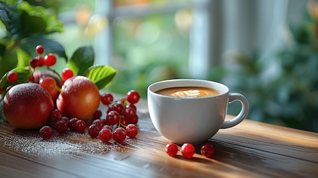 du thé au café sur la table près de la fenêtre avec des raisins rouges et des fruits de printemps