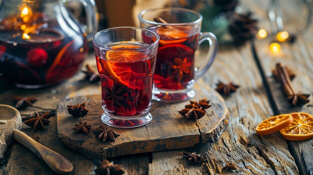 Photo du vin frais dans de beaux verres des fruits des oranges de la cannelle une atmosphère festive et chaleureuse