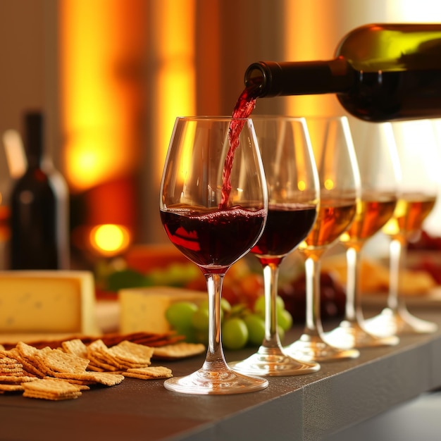 Du vin rouge versé dans un verre avec du fromage et des biscuits sur la table.