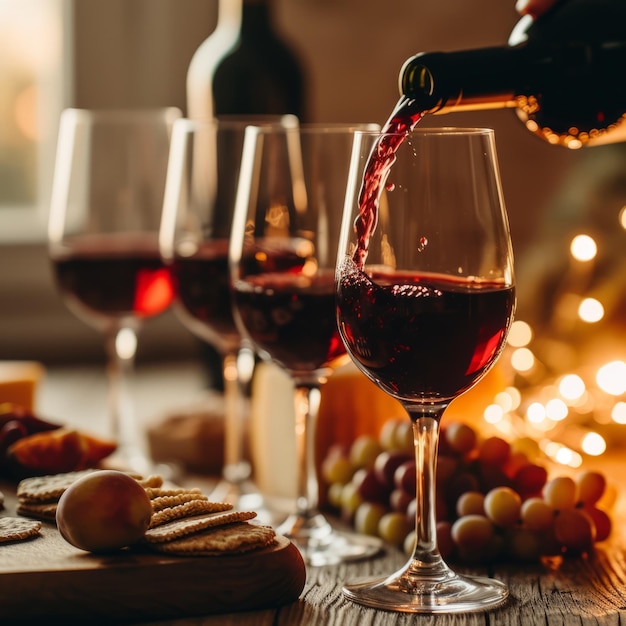 Du vin rouge versé dans un verre avec du fromage et des raisins sur la table.