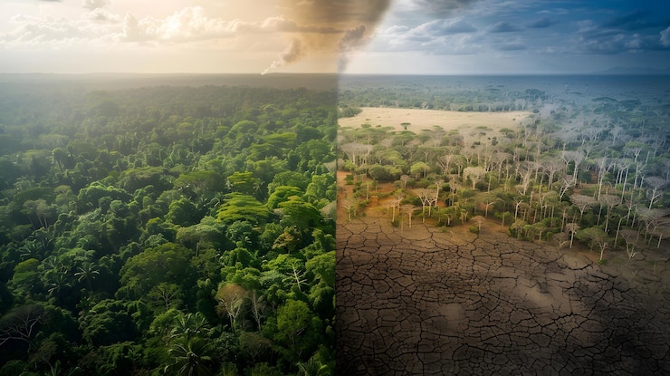 Photo la dualité du changement climatique un contraste entre les forêts luxuriantes et les terres stériles représentant l'urgence