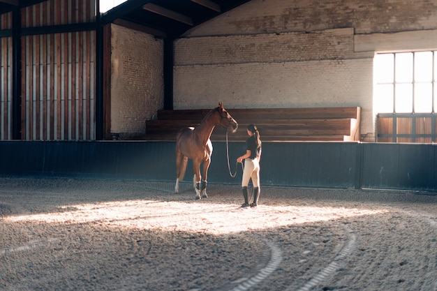 Éducation et formation à l'intérieur du cheval au centre de ferme équestre instructeur féminin