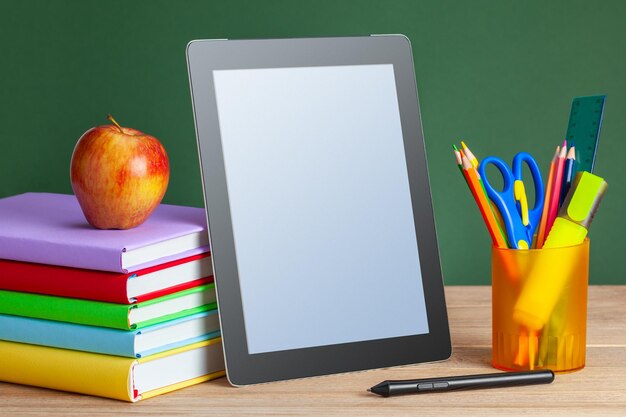 Éducation en ligne Apprentissage à distance via tablette Livres crayons stylos ciseaux et tablette sur un vert