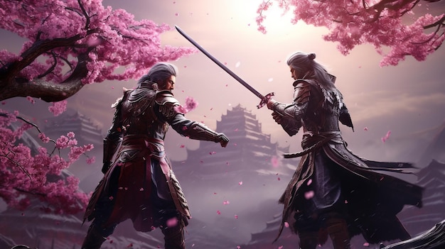 Duel de guerriers samouraïs avec des épées dans le jardin de la fleur de sakura