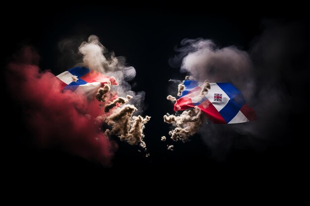 Photo duel de rivalité remplie de fumée entre la serbie et la croatie à travers des drapeaux sur une toile noire