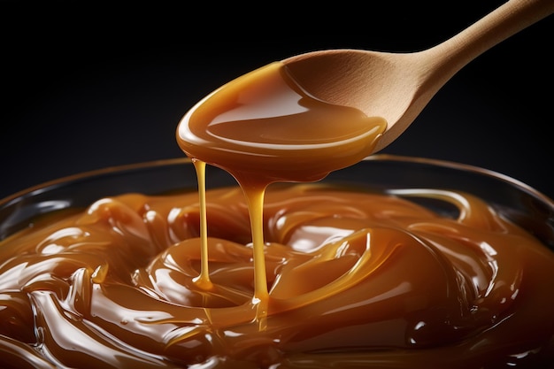 Photo dulce de leche sur une cuillère en bois en gros plan d'un lait condensé sucré traditionnel argentin